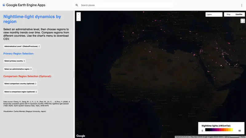 Series temporales mensuales regionales de luces nocturnas (tipo VIIRS) 1992-2024