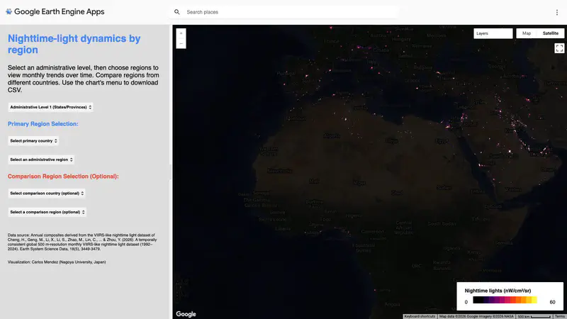 Series temporales anuales regionales de luces nocturnas (tipo VIIRS) 1992-2024