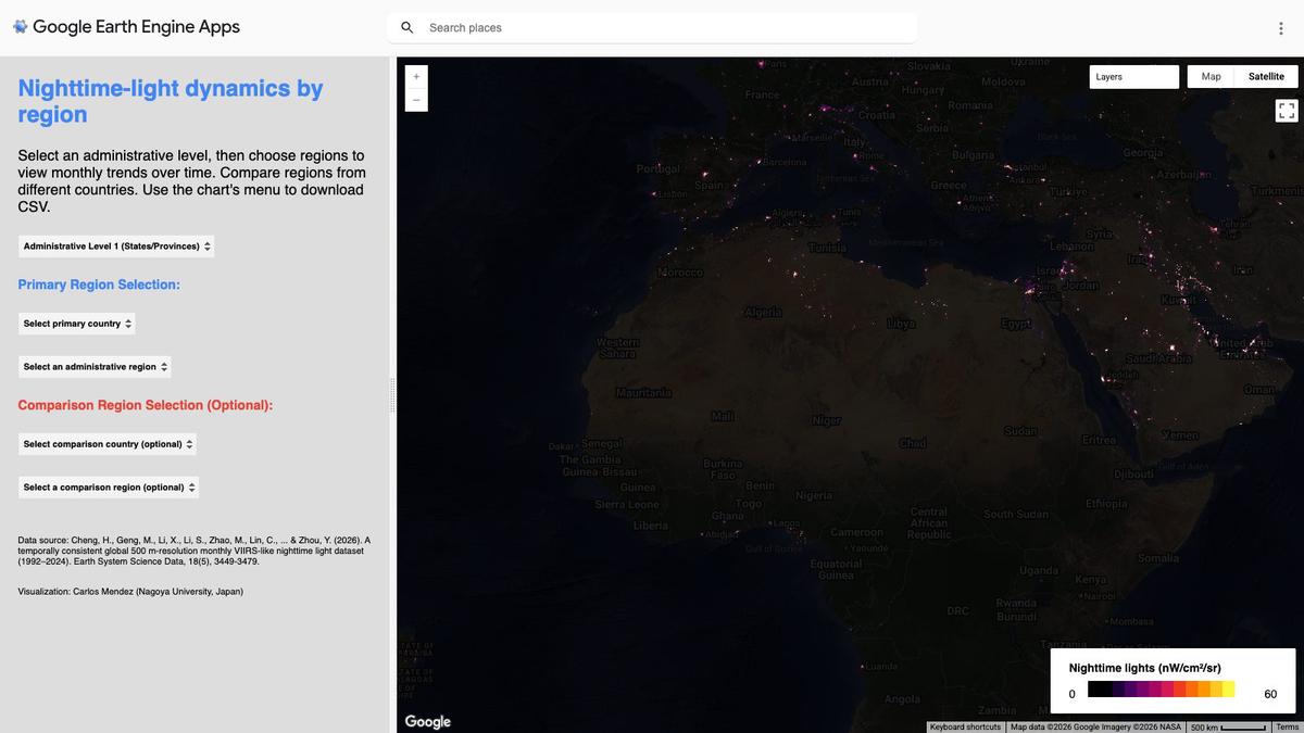 Series temporales mensuales regionales de luces nocturnas (tipo VIIRS) 1992-2024