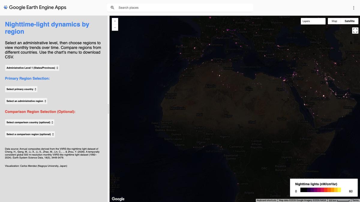 Series temporales anuales regionales de luces nocturnas (tipo VIIRS) 1992-2024