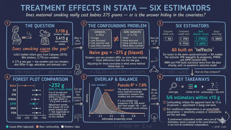 Stataによる処置効果：母親の喫煙と出生体重のケーススタディで学ぶ6つの推定量
