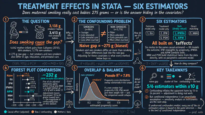 Stataによる処置効果：母親の喫煙と出生体重のケーススタディで学ぶ6つの推定量