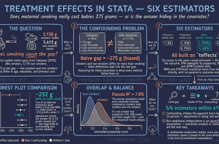 Treatment Effects in Stata: A Beginner's Tour of Six Estimators with the Maternal Smoking and Birth Weight Case Study