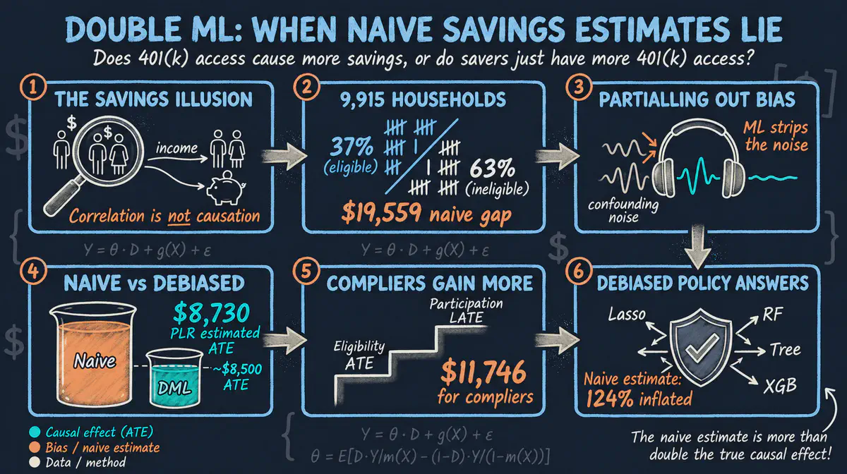 Double Machine Learning with 401(k) Data: From Eligibility Effects to Complier Analysis