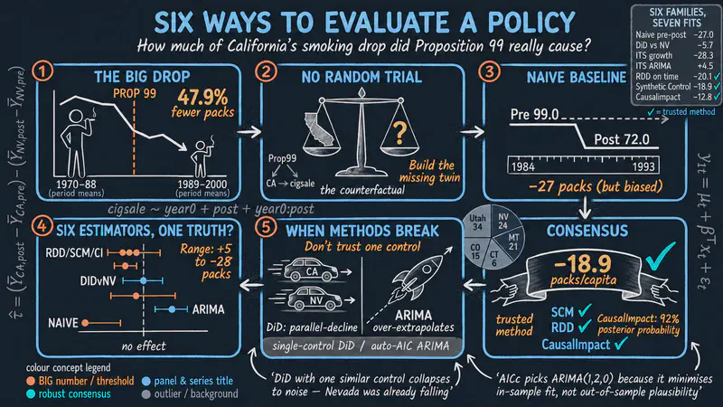 Six Ways to Evaluate a Policy using R: Comparative Case Studies of Proposition 99