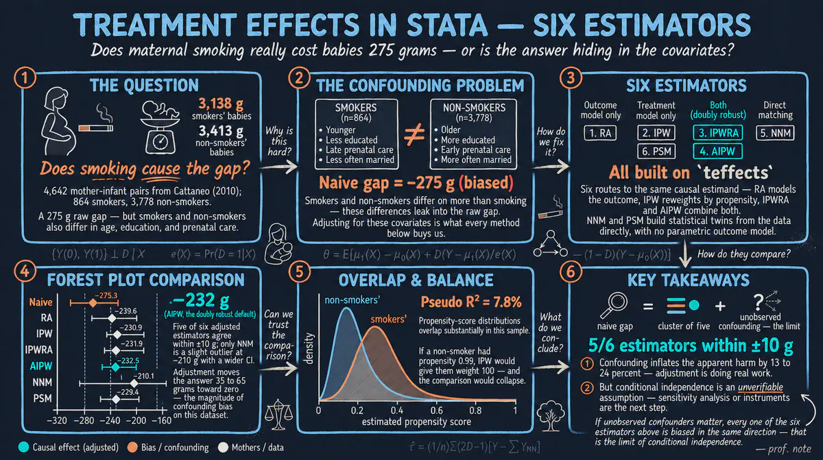 Treatment Effects in Stata: A Beginner's Tour of Six Estimators with the Maternal Smoking and Birth Weight Case Study