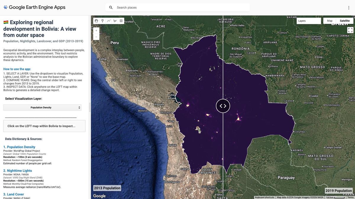 Space-time dynamics of population, luminosity, land cover and GDP in Bolivia (2013-2019)